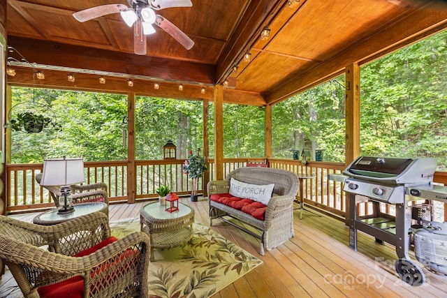 158 Raven Blvd, Lake Lure, NC 28746 - wooden terrace featuring ceiling fan and a grill