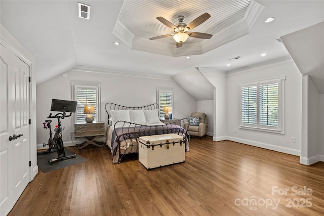 1619 Providence Rd, Charlotte, NC 28207 - bedroom featuring multiple windows, wood finished floors, crown molding, baseboards, and a ceiling fan