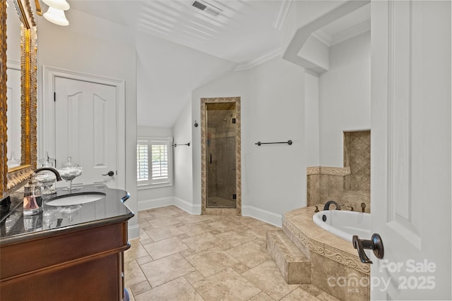1619 Providence Rd, Charlotte, NC 28207 - full bathroom with a shower stall, vanity, a bath, baseboards, and stone finish flooring