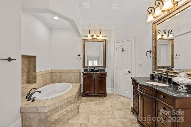 1619 Providence Rd, Charlotte, NC 28207 - bathroom featuring a whirlpool tub, two vanities, ornamental molding, and stone finish floors