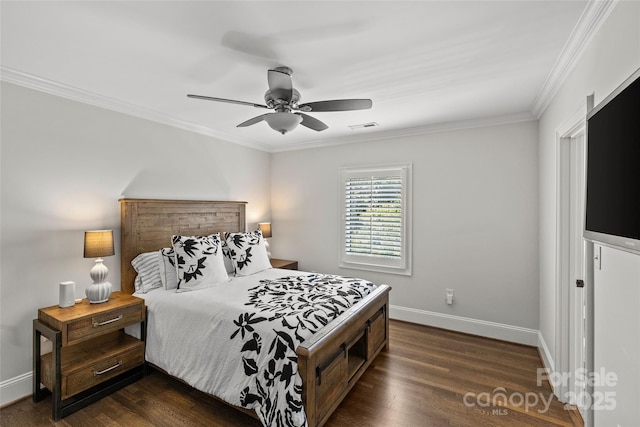 1619 Providence Rd, Charlotte, NC 28207 - bedroom featuring ornamental molding, baseboards, dark wood-type flooring, and ceiling fan