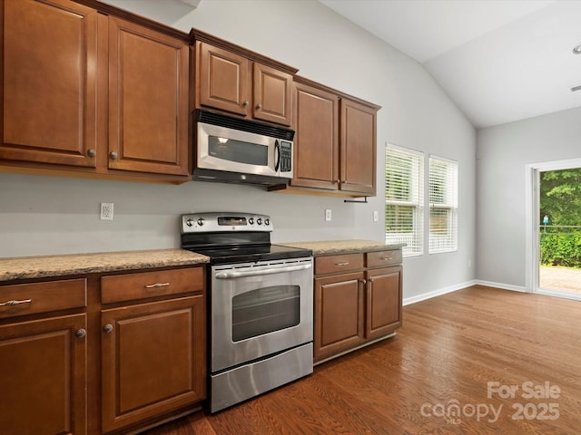 1660 Beleek Ridge Ln, Lake Wylie, SC 29710 - kitchen featuring stainless steel appliances, dark wood-type flooring, vaulted ceiling, baseboards, and light stone countertops