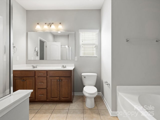 1660 Beleek Ridge Ln, Lake Wylie, SC 29710 - full bathroom featuring a bath, double vanity, tile patterned flooring, toilet, and baseboards