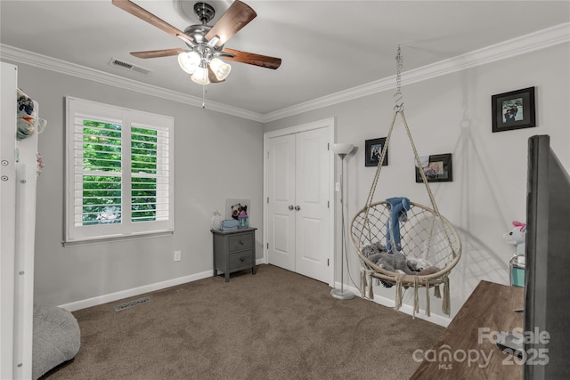 22 Honeysuckle Ln, Clover, SC 29710 - bedroom featuring crown molding, carpet, baseboards, a closet, and ceiling fan