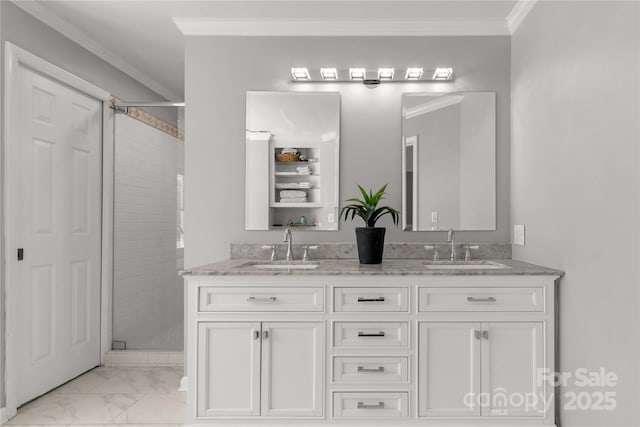 22 Honeysuckle Ln, Clover, SC 29710 - full bath featuring marble finish flooring, double vanity, a shower stall, and ornamental molding