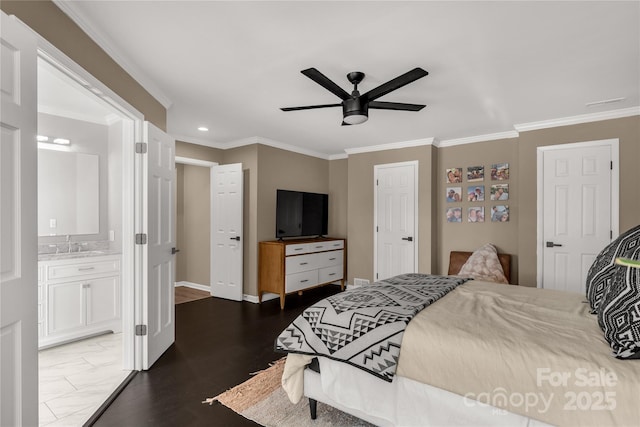 22 Honeysuckle Ln, Clover, SC 29710 - bedroom featuring a sink, ornamental molding, baseboards, recessed lighting, and ensuite bath