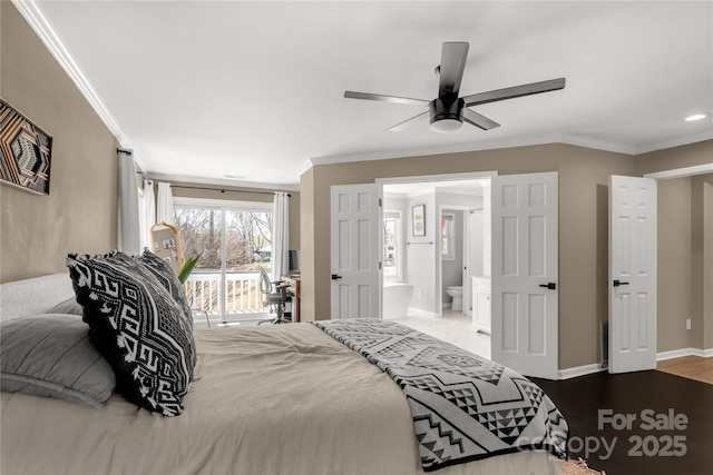 22 Honeysuckle Ln, Clover, SC 29710 - bedroom with access to exterior, crown molding, baseboards, ensuite bath, and ceiling fan