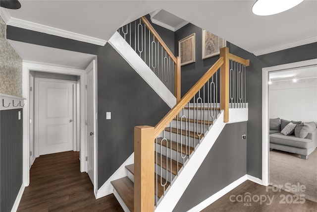 22 Honeysuckle Ln, Clover, SC 29710 - staircase featuring wood finished floors, crown molding, and baseboards