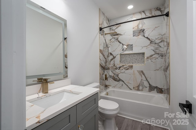 520 E Main St, Dallas, NC 28034 - full bathroom featuring vanity, toilet, shower / bath combination, and wood finished floors