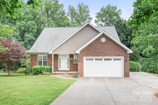 2695 Queens Rd, Lincolnton, NC 28092 - view of front facade with driveway, an attached garage, a front yard, a chimney, and brick siding