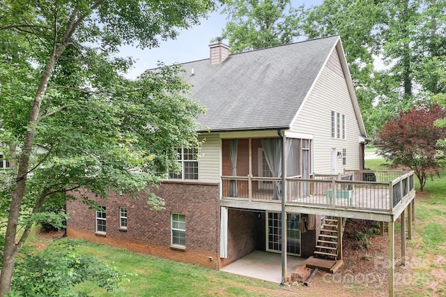 2695 Queens Rd, Lincolnton, NC 28092 - rear view of property with a patio, stairway, a shingled roof, a deck, and a chimney
