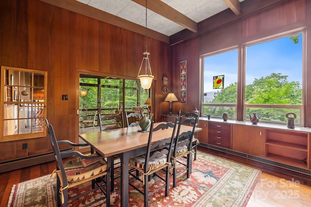 21 Rhododendron Rd, Black Mountain, NC 28711 - dining area featuring beam ceiling, wood walls, wood finished floors, and a baseboard radiator