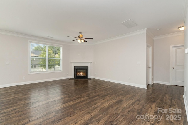 732 Altamonte Dr, Clover, SC 29710 - unfurnished living room featuring dark wood-style flooring, ornamental molding, ceiling fan, a fireplace with flush hearth, and baseboards