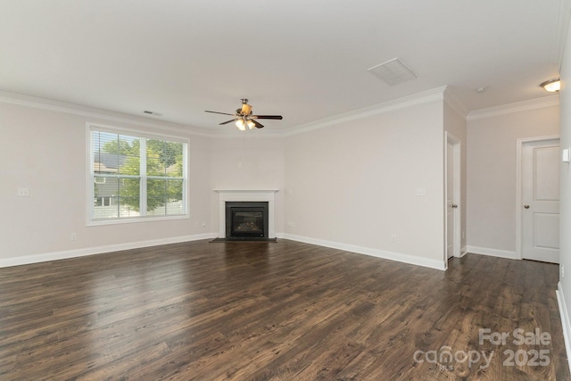 732 Altamonte Dr, Clover, SC 29710 - unfurnished living room featuring ornamental molding, dark wood-type flooring, a ceiling fan, a fireplace with flush hearth, and baseboards