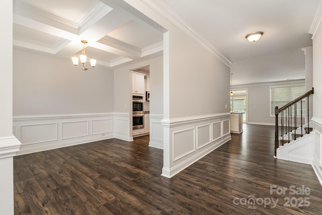 732 Altamonte Dr, Clover, SC 29710 - empty room with a chandelier, stairs, dark wood finished floors, crown molding, and beamed ceiling