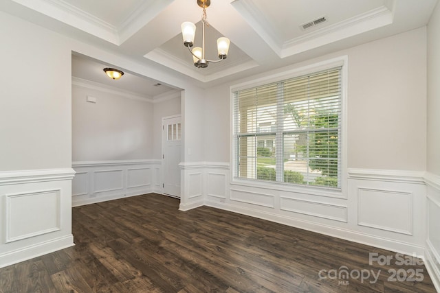 732 Altamonte Dr, Clover, SC 29710 - spare room with a chandelier, wainscoting, dark wood-type flooring, ornamental molding, and a decorative wall