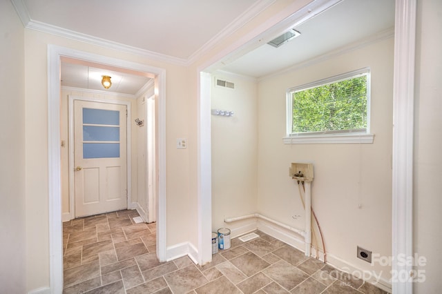 409 Edgewood Ct, Lancaster, SC 29720 - laundry room featuring hookup for an electric dryer, baseboards, stone finish floors, ornamental molding, and washer hookup