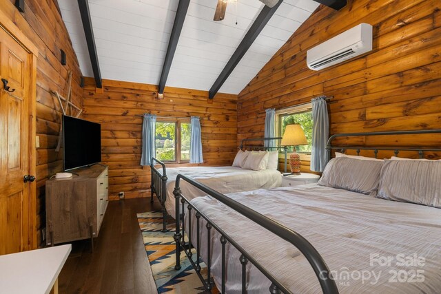 2827 Memorial Hwy, Lake Lure, NC 28746 - bedroom with an AC wall unit, hardwood / wood-style floors, and wood walls