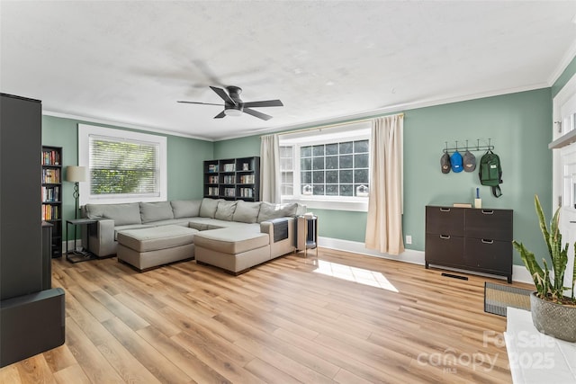1072 5th St NE, Hickory, NC 28601 - living area with crown molding, light wood-style flooring, and ceiling fan