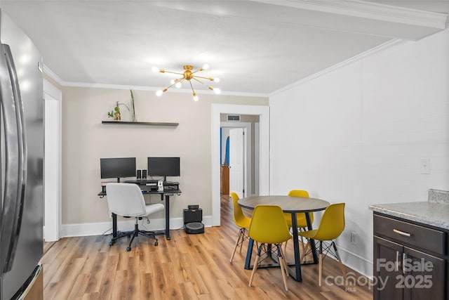 1072 5th St NE, Hickory, NC 28601 - dining room with a chandelier, light wood finished floors, crown molding, and a desk