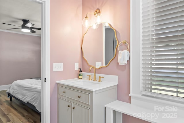 1072 5th St NE, Hickory, NC 28601 - bathroom with vanity, ceiling fan, crown molding, wood finished floors, and ensuite bath