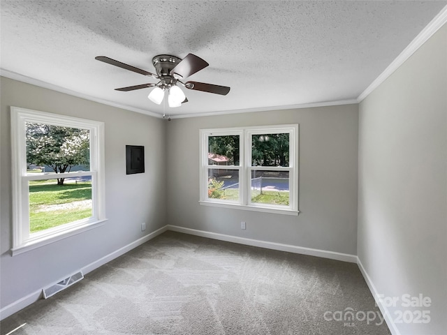 2136 W 6th Ave, Gastonia, NC 28052 - carpeted spare room featuring ornamental molding, a textured ceiling, ceiling fan, baseboards, and electric panel