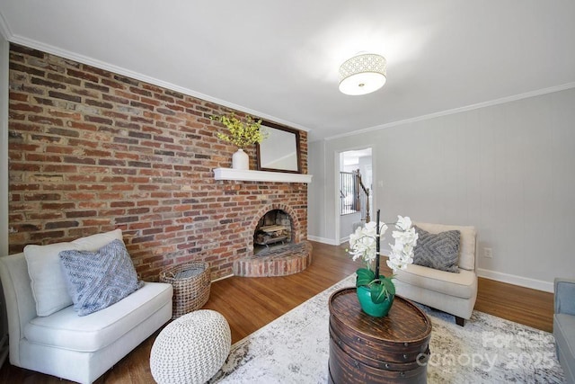 3800 Lovett Cir, Charlotte, NC 28210 - living room with wood finished floors, a brick fireplace, and crown molding