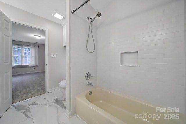 3800 Lovett Cir, Charlotte, NC 28210 - bathroom with marble look tiles and tub / shower combination