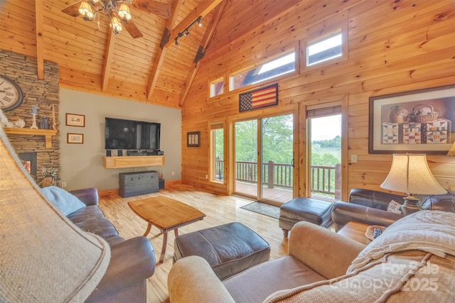 265 Laurel Mountain Estates Dr, Todd, NC 28684 - living area with high vaulted ceiling, wood finished floors, a ceiling fan, wood ceiling with exposed beams, and track lighting