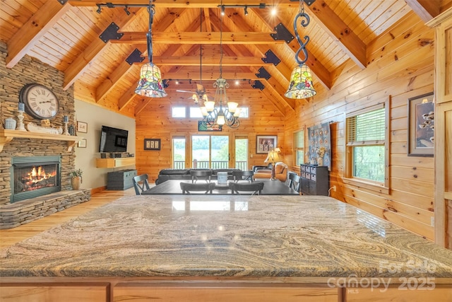 265 Laurel Mountain Estates Dr, Todd, NC 28684 - kitchen featuring wood finished floors, wood ceiling with exposed beams, a fireplace, open floor plan, and wood walls
