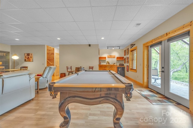265 Laurel Mountain Estates Dr, Todd, NC 28684 - rec room with billiards table, light wood-style floors, a paneled ceiling, french doors, and recessed lighting