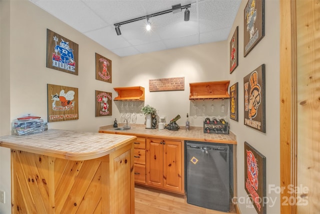 265 Laurel Mountain Estates Dr, Todd, NC 28684 - indoor wet bar with black dishwasher, track lighting, light wood-style flooring, and decorative backsplash