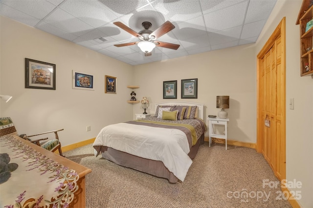265 Laurel Mountain Estates Dr, Todd, NC 28684 - bedroom featuring a paneled ceiling, carpet flooring, baseboards, and a ceiling fan