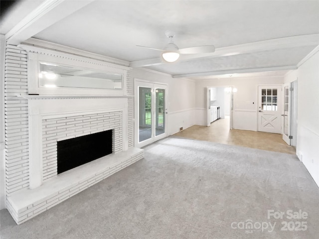 302 Melinda Ave, Kannapolis, NC 28083 - unfurnished living room featuring carpet floors, a brick fireplace, ceiling fan, beam ceiling, and ornamental molding