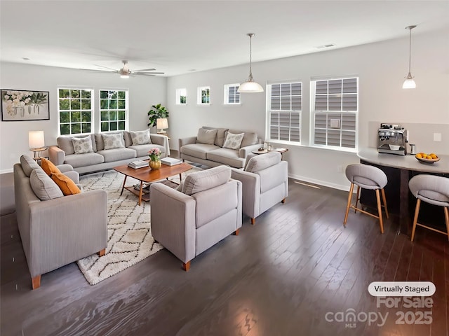 1680 Trentwood Dr, Fort Mill, SC 29715 - living room with ceiling fan, dark wood-style floors, and baseboards