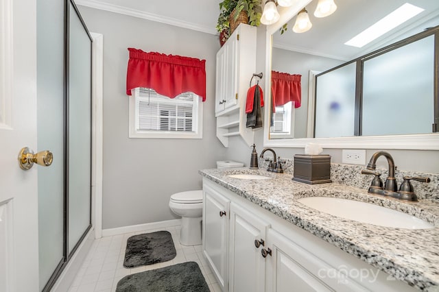 141 Badin Lake Cir, New London, NC 28127 - full bathroom featuring crown molding, a stall shower, double vanity, and tile patterned flooring