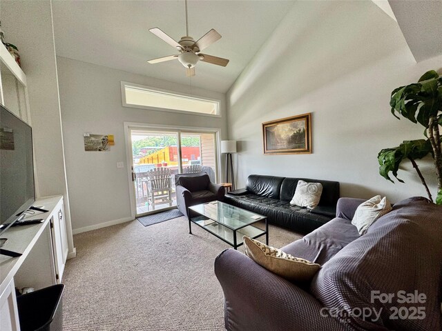 116 Grand Blvd Unit 4-B, Boone, NC 28607 - living area with a ceiling fan, light carpet, high vaulted ceiling, and baseboards