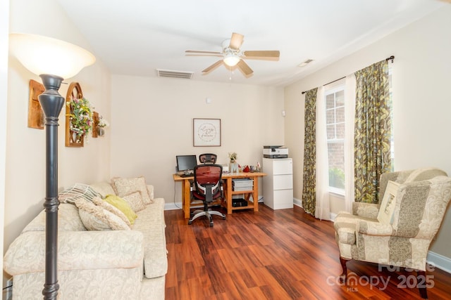 1006 Apogee Dr, Indian Trail, NC 28079 - home office with dark wood finished floors and a ceiling fan