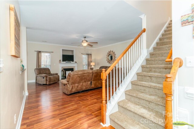 1006 Apogee Dr, Indian Trail, NC 28079 - living area featuring stairway, wood finished floors, ceiling fan, ornamental molding, and a fireplace