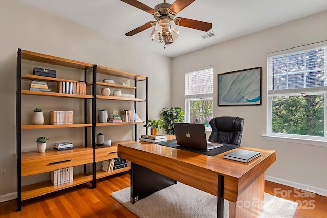 5963 Pale Moss Ln, Charlotte, NC 28269 - office area with wood finished floors, a ceiling fan, and baseboards