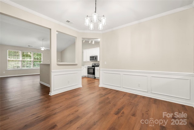 4510 Glenlea Commons Dr, Charlotte, NC 28216 - unfurnished dining area with dark wood-style flooring, a chandelier, ornamental molding, a ceiling fan, and a decorative wall