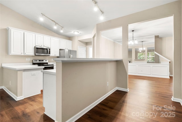 4510 Glenlea Commons Dr, Charlotte, NC 28216 - kitchen with appliances with stainless steel finishes, rail lighting, dark wood-type flooring, a chandelier, and vaulted ceiling
