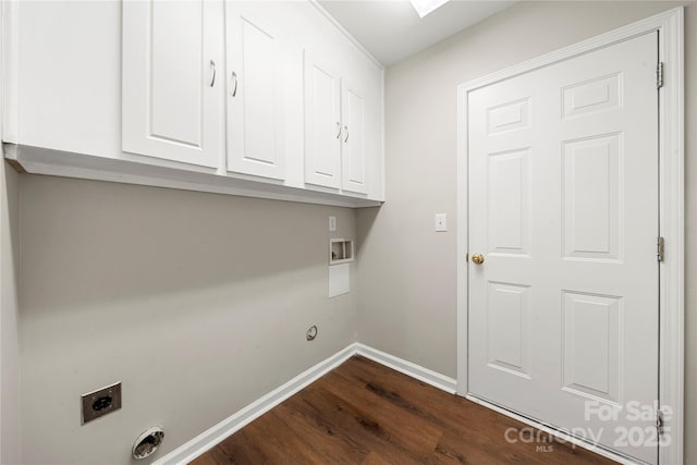 4510 Glenlea Commons Dr, Charlotte, NC 28216 - laundry area featuring hookup for an electric dryer, cabinet space, dark wood-style flooring, baseboards, and hookup for a washing machine