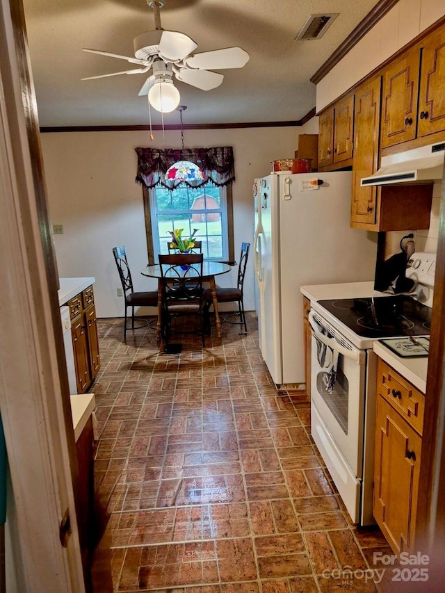 8616 Fallsdale Dr, Charlotte, NC 28214 - kitchen with electric stove, under cabinet range hood, a ceiling fan, brown cabinetry, and light countertops