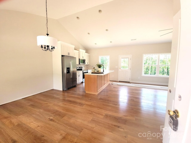 102 Lakeside Dr, Grover, NC 28073 - kitchen featuring stainless steel appliances, open floor plan, wood finished floors, an island with sink, and lofted ceiling