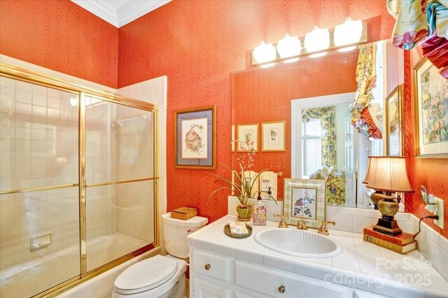 517 Kingsdown Ct, Waxhaw, NC 28173 - full bath with vanity, combined bath / shower with glass door, and ornamental molding