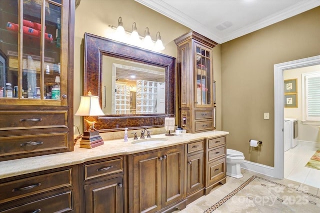 517 Kingsdown Ct, Waxhaw, NC 28173 - full bathroom featuring washing machine and clothes dryer, tile patterned floors, crown molding, and vanity