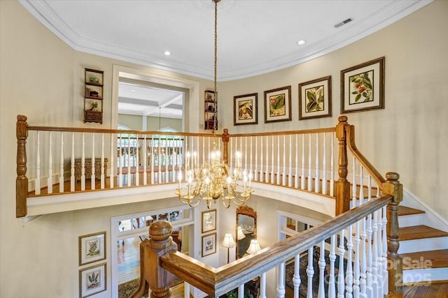 517 Kingsdown Ct, Waxhaw, NC 28173 - hall with ornamental molding, a chandelier, stairway, and recessed lighting