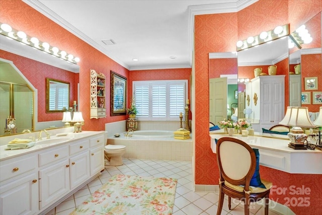 517 Kingsdown Ct, Waxhaw, NC 28173 - bathroom featuring tile patterned flooring, a bath, ornamental molding, wallpapered walls, and vanity