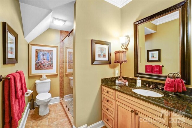 517 Kingsdown Ct, Waxhaw, NC 28173 - full bathroom featuring vanity, a shower stall, and crown molding